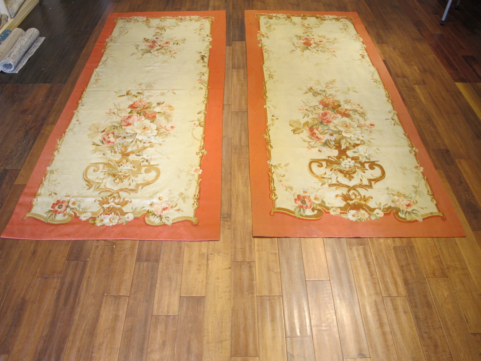 21455 Antique French Aubusson Entre Fenetre tapestry 4 x 9,10 (one of a pair) (1)