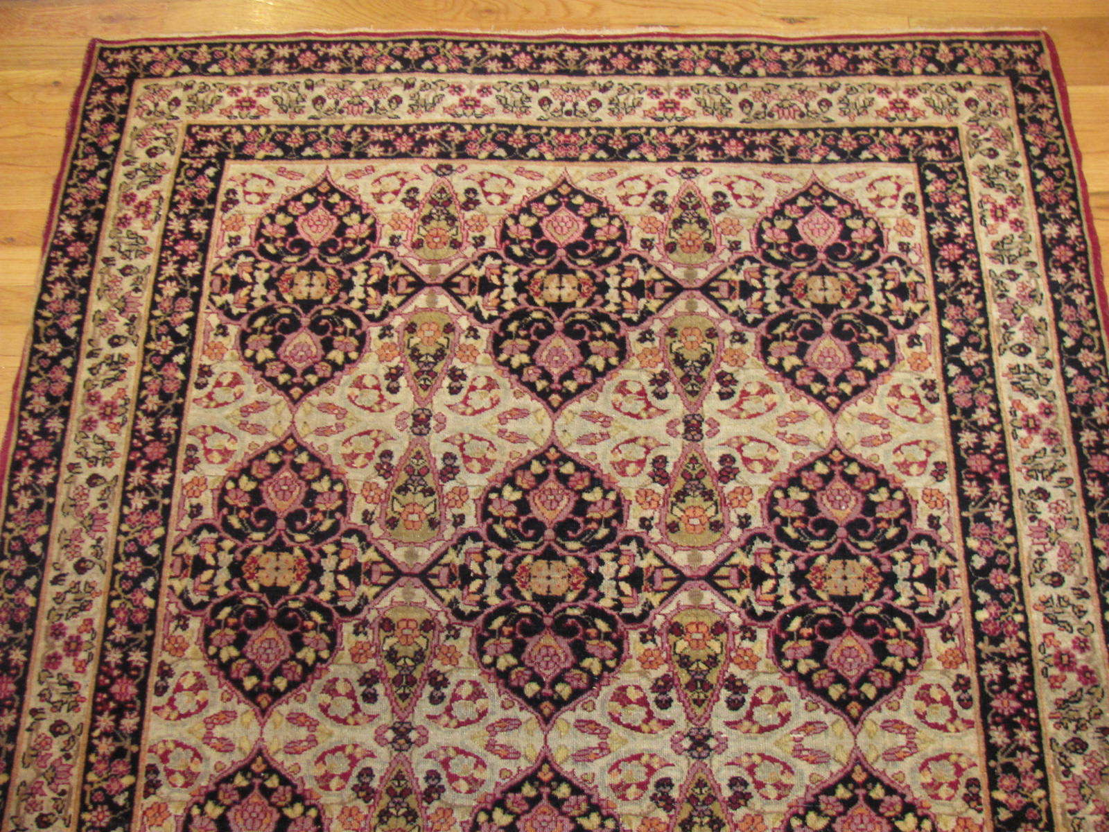 24112 Antique Persian Kirman Lavar rug 4 x 5,10-1